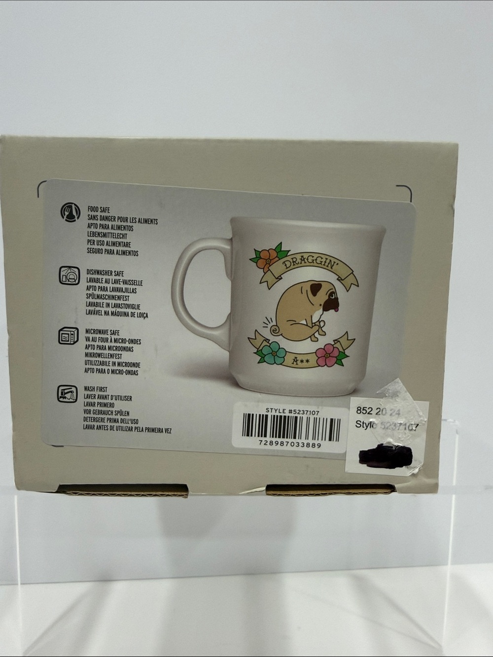 Genuine Fred “Dragging A**” Ceramic Mug with Pug and Pastel Flower Accents NIB - Picture 2 of 6